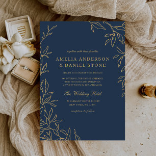 Navy Blue Gold Minimal Elegant Leaf Wedding  Invitation