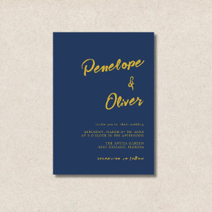 Navy Blue Gold Minimal Modern Calligraphy Wedding Invitation