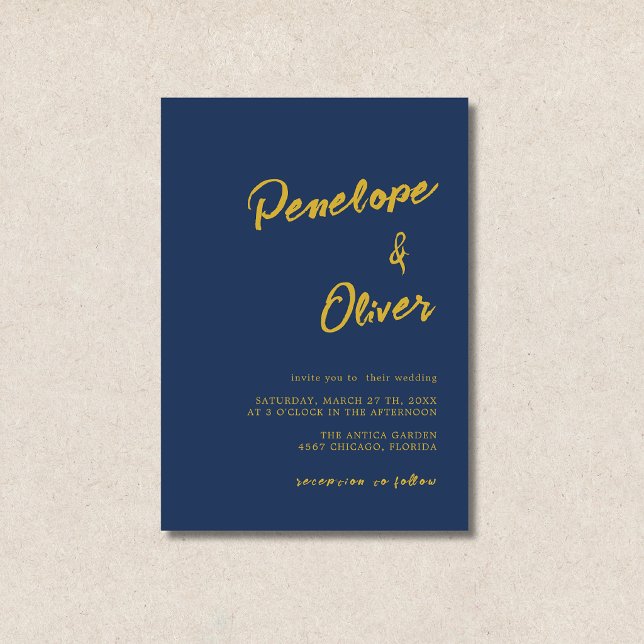 Navy Blue Gold Minimal Modern Calligraphy Wedding Invitation (Creator Uploaded)