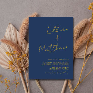 Navy Blue Gold Minimal Modern Calligraphy Wedding Invitation