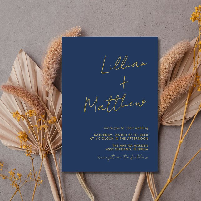 Navy Blue Gold Minimal Modern Calligraphy Wedding Invitation (Creator Uploaded)