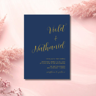 Navy Blue Gold Minimal Modern Calligraphy Wedding Invitation