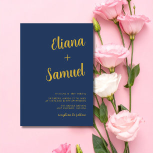 Navy Blue Gold Minimal Modern Calligraphy Wedding Invitation