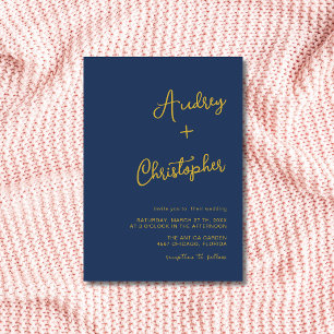 Navy Blue Gold Minimal Modern Calligraphy Wedding Invitation