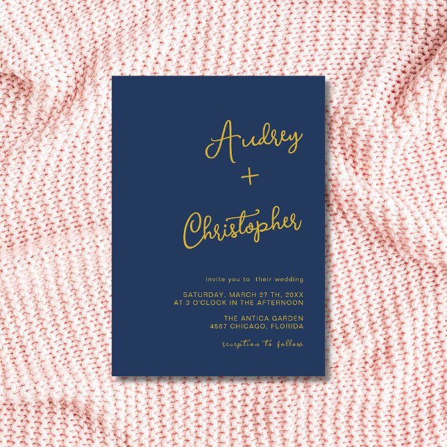 Navy Blue Gold Minimal Modern Calligraphy Wedding Invitation (Creator Uploaded)