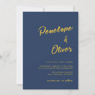 Navy Blue Gold Minimal Modern Calligraphy Wedding Invitation