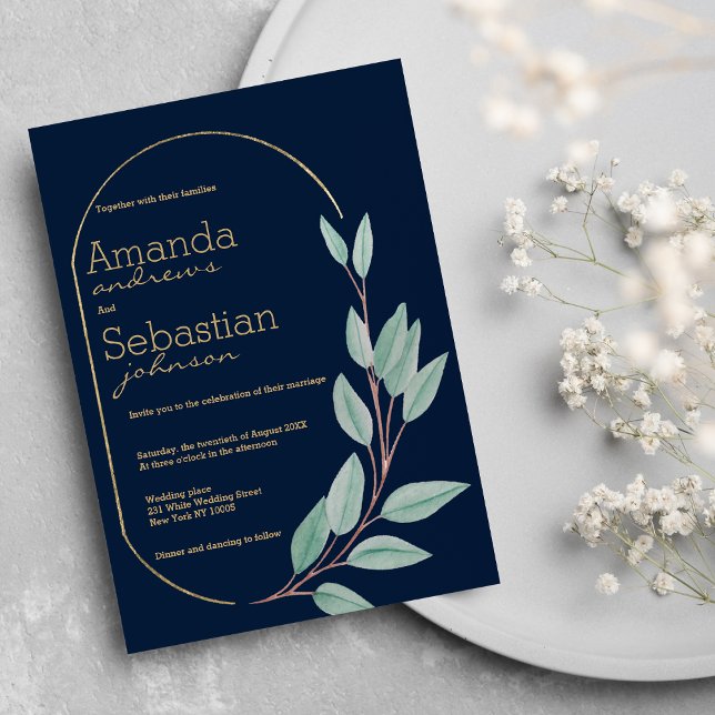 Navy blue gold mint green foliage floral wedding  invitation (Navy blue gold mint green foliage floral wedding)