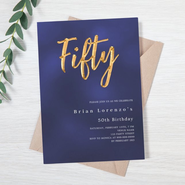 Navy blue gold modern 50th birthday luxury invitation (Creator Uploaded)