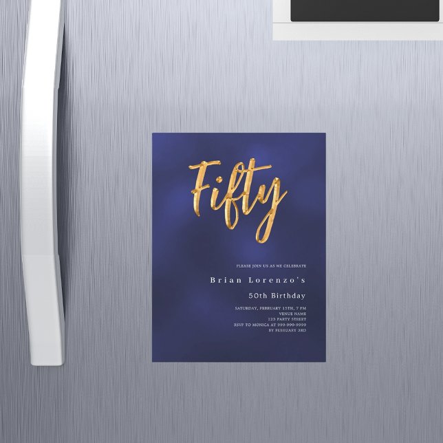 Navy blue gold modern 50th birthday luxury magnetic invitation (Creator Uploaded)