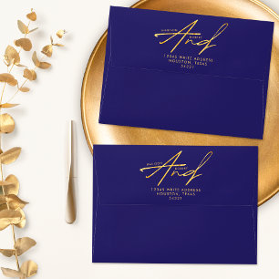 Navy Blue Gold Modern Classic Typography Wedding Envelope
