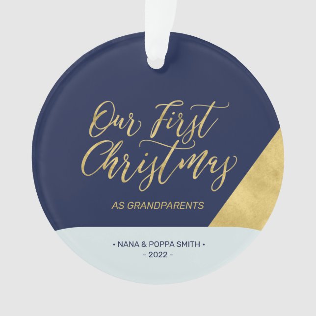 Navy, Blue & Gold Modern First Christmas Photo Orn Ornament (Front)
