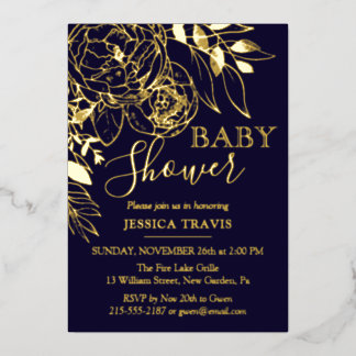Navy Blue & Gold Modern Floral Baby Shower
