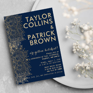 Navy blue gold modern floral mandala Wedding Invitation