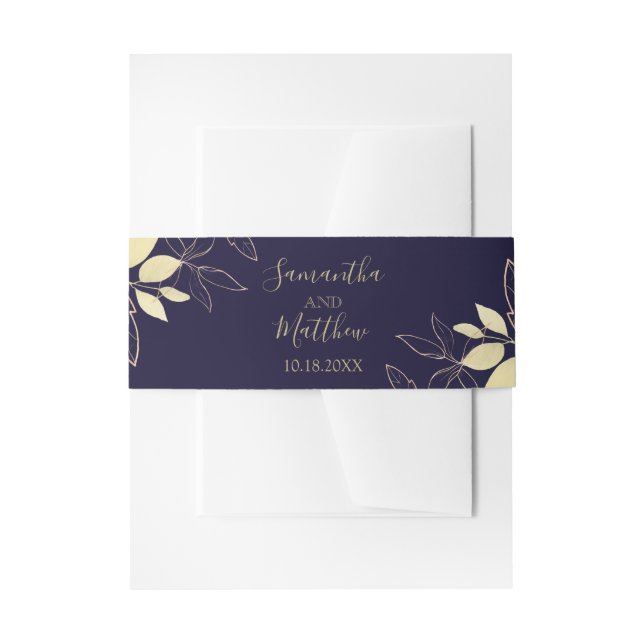 Navy Blue & Gold Modern Foliage Wedding Invitation Belly Band (Front Example)