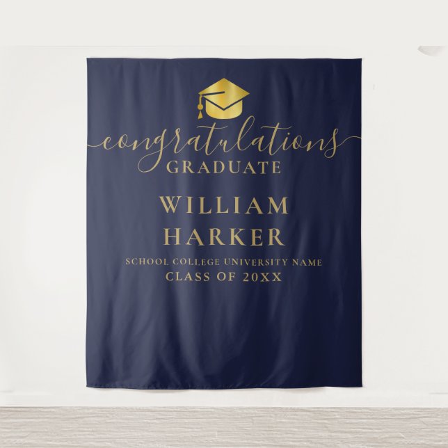 Navy Blue Gold Modern Graduation Photo Backdrop Tapestry (Front)