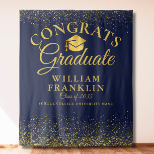 Navy Blue Gold Modern Graduation Photo Backdrop Tapestry