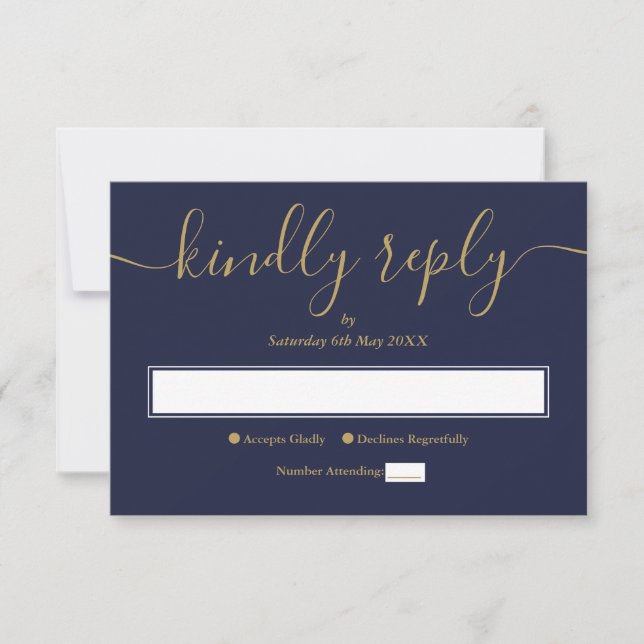 Navy Blue Gold Modern Minimalist Elegant Script RSVP Card (Front)
