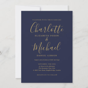 Navy Blue Gold Modern Minimalist Wedding Invitation