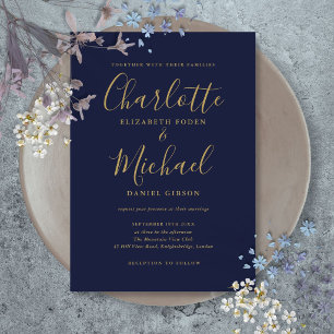 Navy Blue Gold Modern Minimalist Wedding Invitation