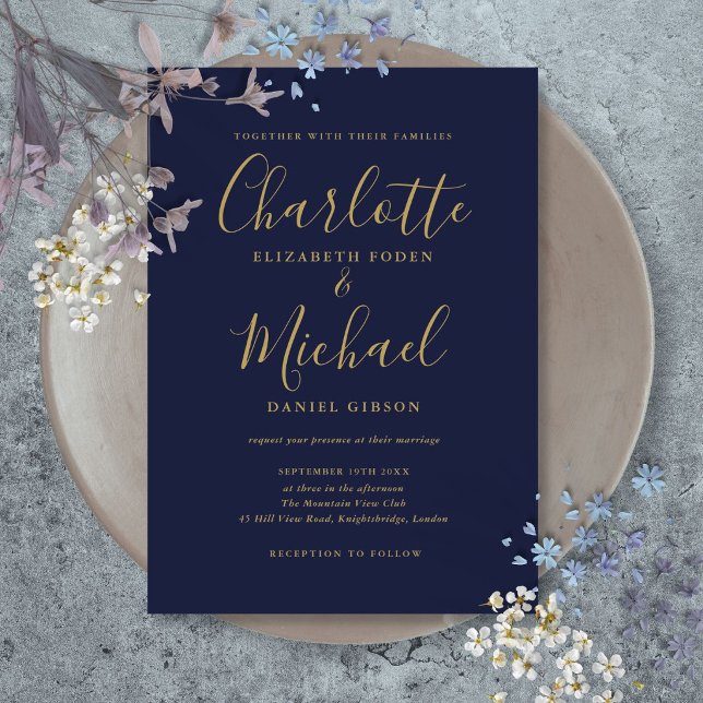 Navy Blue Gold Modern Minimalist Wedding Invitation (Navy Blue Gold Modern Minimalist Wedding Invitation)