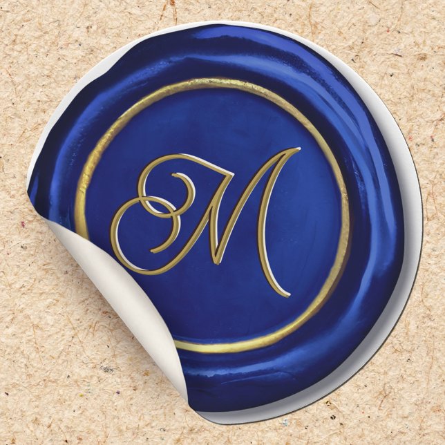 Navy Blue & Gold Modern Monogram Wax Seal Stickers (Creator Uploaded)
