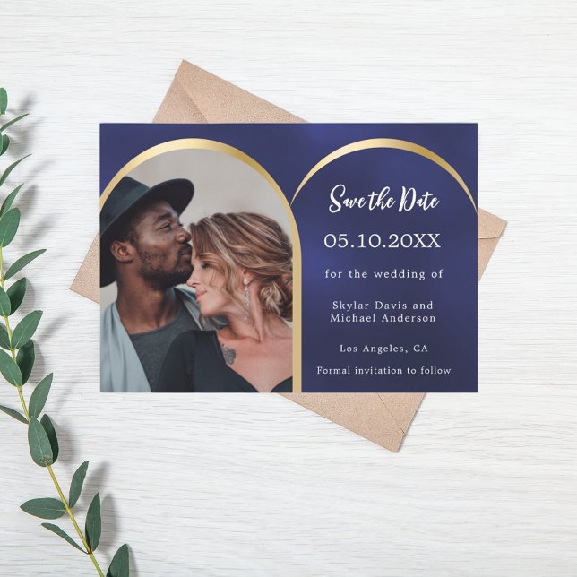 Navy blue gold modern photo arch wedding save the date (Creator Uploaded)