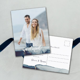 Navy Blue Gold Modern Photo Elopement Announcement Postcard
