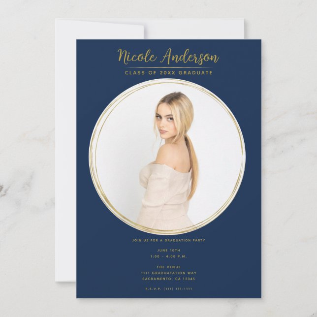 Navy Blue Gold Modern Round Photo Graduation Party Invitation (Front)