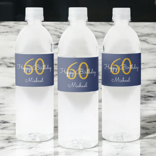 Navy Blue Gold Modern Script Birthday Water Bottle Label