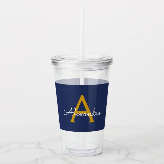 Navy Blue Gold Modern Script Girly Monogram Name Acrylic Tumbler (Front)