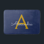 Navy Blue Gold Modern Script Girly Monogram Name Bath Mat<br><div class="desc">Navy Blue and Gold Simple Script Monogram Name Bath Mats. This makes the perfect graduation,  birthday,  wedding,  bridal shower,  anniversary,  baby shower or bachelorette party gift for someone that loves glam luxury and chic styles.</div>