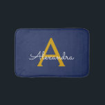 Navy Blue Gold Modern Script Girly Monogram Name Bath Mat<br><div class="desc">Navy Blue and Gold Simple Script Monogram Name Bath Mats. This makes the perfect graduation,  birthday,  wedding,  bridal shower,  anniversary,  baby shower or bachelorette party gift for someone that loves glam luxury and chic styles.</div>