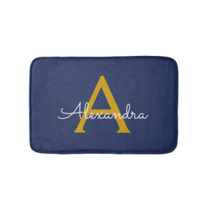 Navy Blue Gold Modern Script Girly Monogram Name Bath Mat