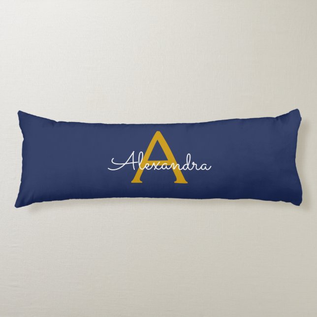 Navy Blue Gold Modern Script Girly Monogram Name Body Cushion (Front)