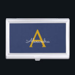 Navy Blue Gold Modern Script Girly Monogram Name Business Card Holder<br><div class="desc">Navy Blue and Gold Simple Script Monogram Name Business Card Holder. This makes the perfect sweet 16 birthday,  wedding,  bridal shower,  anniversary,  baby shower or bachelorette party gift for someone that loves glam luxury and chic styles.</div>
