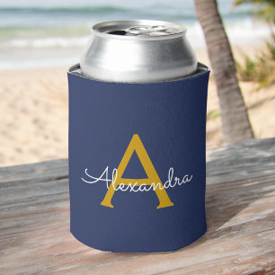 Navy Blue Gold Modern Script Girly Monogram Name Can Cooler