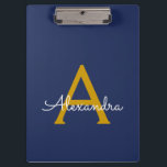 Navy Blue Gold Modern Script Girly Monogram Name Clipboard<br><div class="desc">Navy Blue and Gold Monogram Name Planning Clipboard. This makes the perfect sweet 16 birthday,  wedding,  bridal shower,  anniversary,  baby shower or bachelorette party gift for someone that loves glam luxury and chic styles.</div>