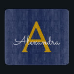 Navy Blue Gold Modern Script Girly Monogram Name Cutting Board<br><div class="desc">Navy Blue and Gold Simple Script Monogram Name Cutting Board. This makes the perfect graduation,  birthday,  wedding,  bridal shower,  anniversary,  baby shower or bachelorette party gift for someone that loves glam luxury and chic styles.</div>