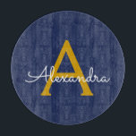 Navy Blue Gold Modern Script Girly Monogram Name Cutting Board<br><div class="desc">Navy Blue and Gold Simple Script Monogram Name Cutting Board. This makes the perfect graduation,  birthday,  wedding,  bridal shower,  anniversary,  baby shower or bachelorette party gift for someone that loves glam luxury and chic styles.</div>