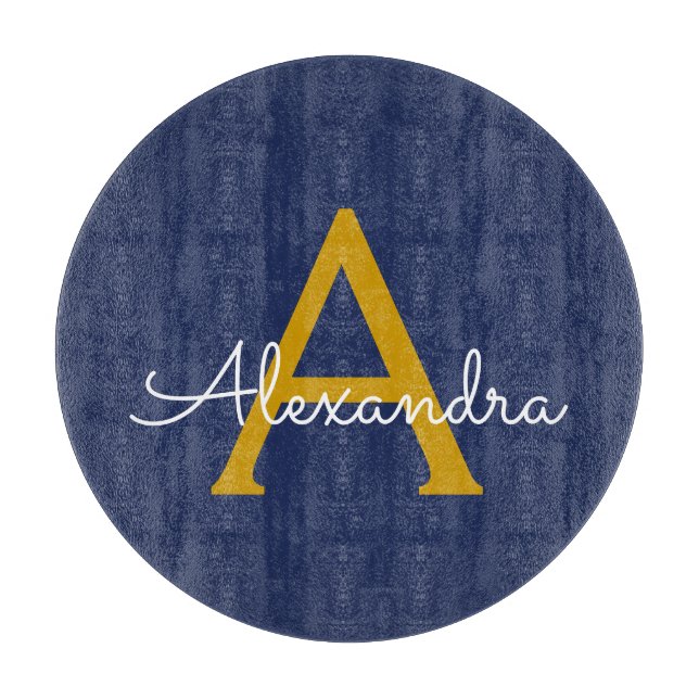Navy Blue Gold Modern Script Girly Monogram Name Cutting Board (Front)