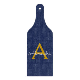 Navy Blue Gold Modern Script Girly Monogram Name Cutting Board