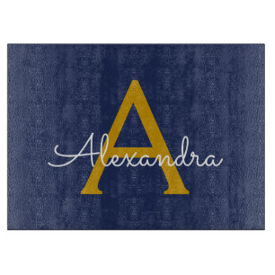 Navy Blue Gold Modern Script Girly Monogram Name Cutting Board
