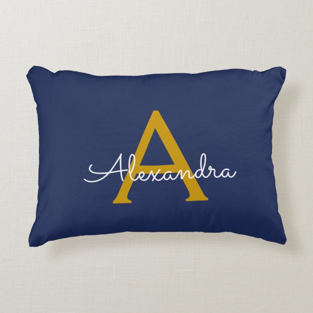 Navy Blue Gold Modern Script Girly Monogram Name Decorative Cushion (Front)