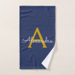 Navy Blue Gold Modern Script Girly Monogram Name Hand Towel<br><div class="desc">Navy Blue and Gold Simple Script Monogram Name Spiral Notebook Planner. This makes the perfect sweet 16 birthday,  wedding,  bridal shower,  anniversary,  baby shower or bachelorette party gift for someone that loves glam luxury and chic styles.</div>