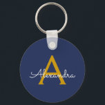 Navy Blue Gold Modern Script Girly Monogram Name Key Ring<br><div class="desc">Navy Blue and Gold Simple Script Monogram Name Keychains (Key Chain). This makes the perfect sweet 16 birthday,  wedding,  bridal shower,  anniversary,  baby shower or bachelorette party gift for someone that loves glam luxury and chic styles.</div>