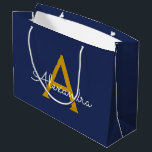 Navy Blue Gold Modern Script Girly Monogram Name Large Gift Bag<br><div class="desc">Navy Blue and Gold Simple Script Monogram Name Gift Bag. This makes the perfect sweet 16 birthday,  wedding,  bridal shower,  anniversary,  baby shower or bachelorette party gift bag for someone that loves glam luxury and chic styles.</div>