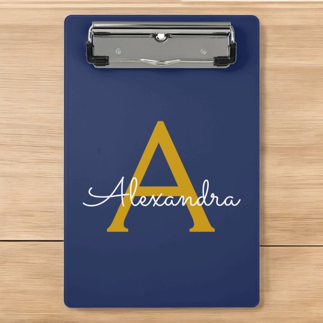 Navy Blue Gold Modern Script Girly Monogram Name Mini Clipboard (Creator Uploaded)
