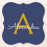 Navy Blue Gold Modern Script Girly Monogram Name Paper Coaster<br><div class="desc">Navy Blue and Gold Simple Script Monogram Name Paper Coasters. This makes the perfect graduation,  birthday,  wedding,  bridal shower,  anniversary,  baby shower or bachelorette party gift for someone that loves glam luxury and chic styles.</div>