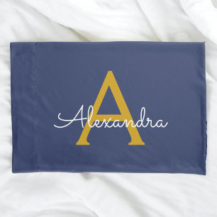 Navy Blue Gold Modern Script Girly Monogram Name Pillowcase