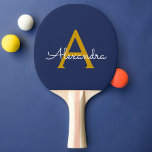 Navy Blue Gold Modern Script Girly Monogram Name Ping Pong Paddle<br><div class="desc">Navy Blue and Gold Script Monogram Name Ping Pong Paddle. This makes the perfect sweet 16 birthday,  wedding,  bridal shower,  anniversary,  baby shower or bachelorette party gift for someone that loves glam luxury and chic styles.</div>